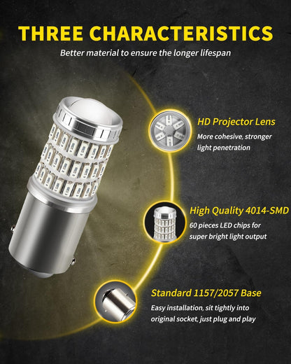 AUXLIGHT 3157 3156 4157 3057 3357 LED Bulbs, Ultra Bright 60-SMD LED Replacement for Turn Signal Blinker Lights, Brake/Tail Lights, Parking/Running Lights, Amber Yellow (Pack of 2)