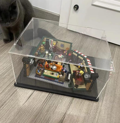 Thickened Clear Acrylic Display Case for Lego 10330 43268 76450 42170 10295 10353 Collectibles, Transparent Box Dustproof Protection with Wood-Plastic Base & String Light, Black Inside 40x20x20cm