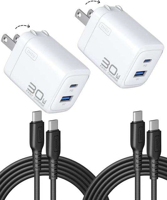 INIU USB C Charger, 2-Pack 30W PD QC 3.0 Dual Port Fast Charging Type C Charger Block With 5ft USB-C Cable, Compact USB C Wall Charger with Foldable Plug for iPhone 16 15 14 Pro Max Samsung S23, White
