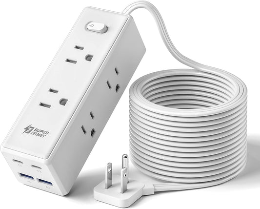 10 Ft Extension Cord, Surge Protector Power Bar with 6 Outlets & 4USB Ports (2 USB 2 C), Mountable Flat Plug Power Strip, Surge Protection for Home, Office, Dorm