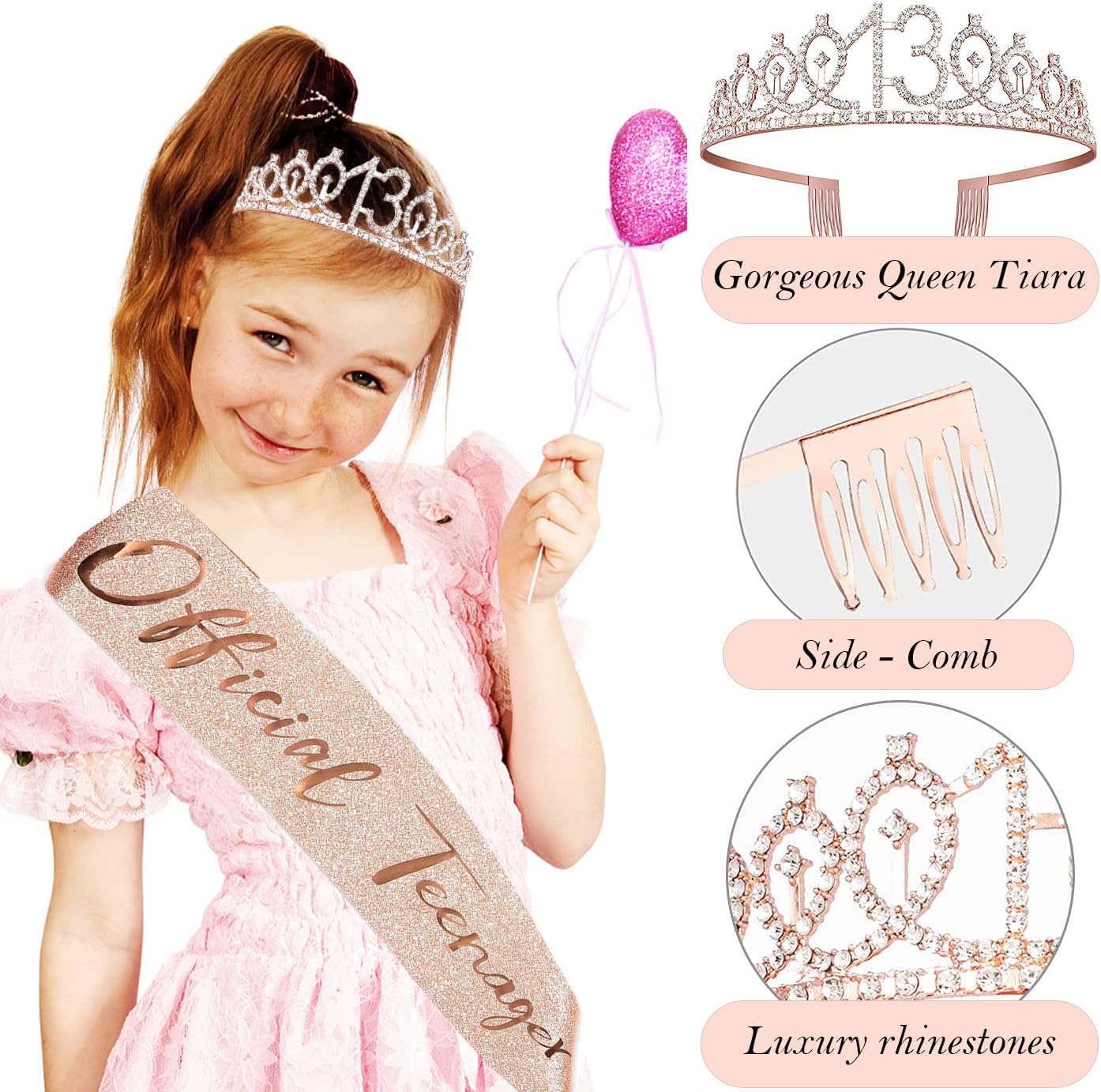 8pcs 40th Birthday Decorations gifts for Women, Including 40th Happy Birthday Cake Topper, Queen Sash with Pearl Pin, Sweet Rhinestone Tiara Crown for Women, Number Candles and Balloons (Rose Gold)