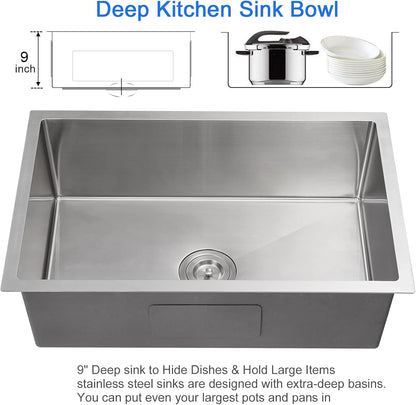 MENATT 20-inch Undermount Kitchen Sink, SUS304 Stainless Steel Handmade Single Bowl Kitchen Sink with Sink Strainer (Brushed), 20"x16"x9"