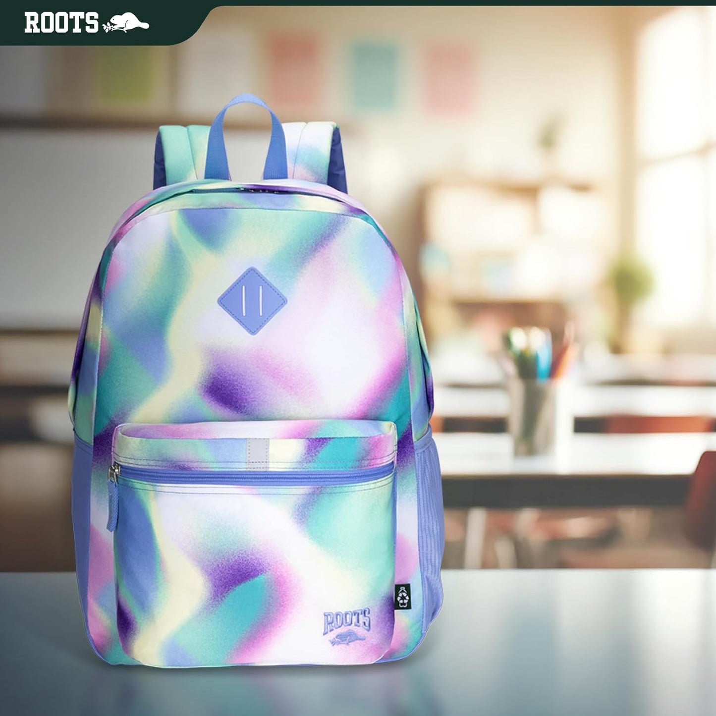 Roots Teen Lightweight Backpack — Made from Recycled Polyester with 15.6" Laptop Compartment, Rain Flap, Bottle Pocket, Reflective Accent, and Back Padding — 34L, Black