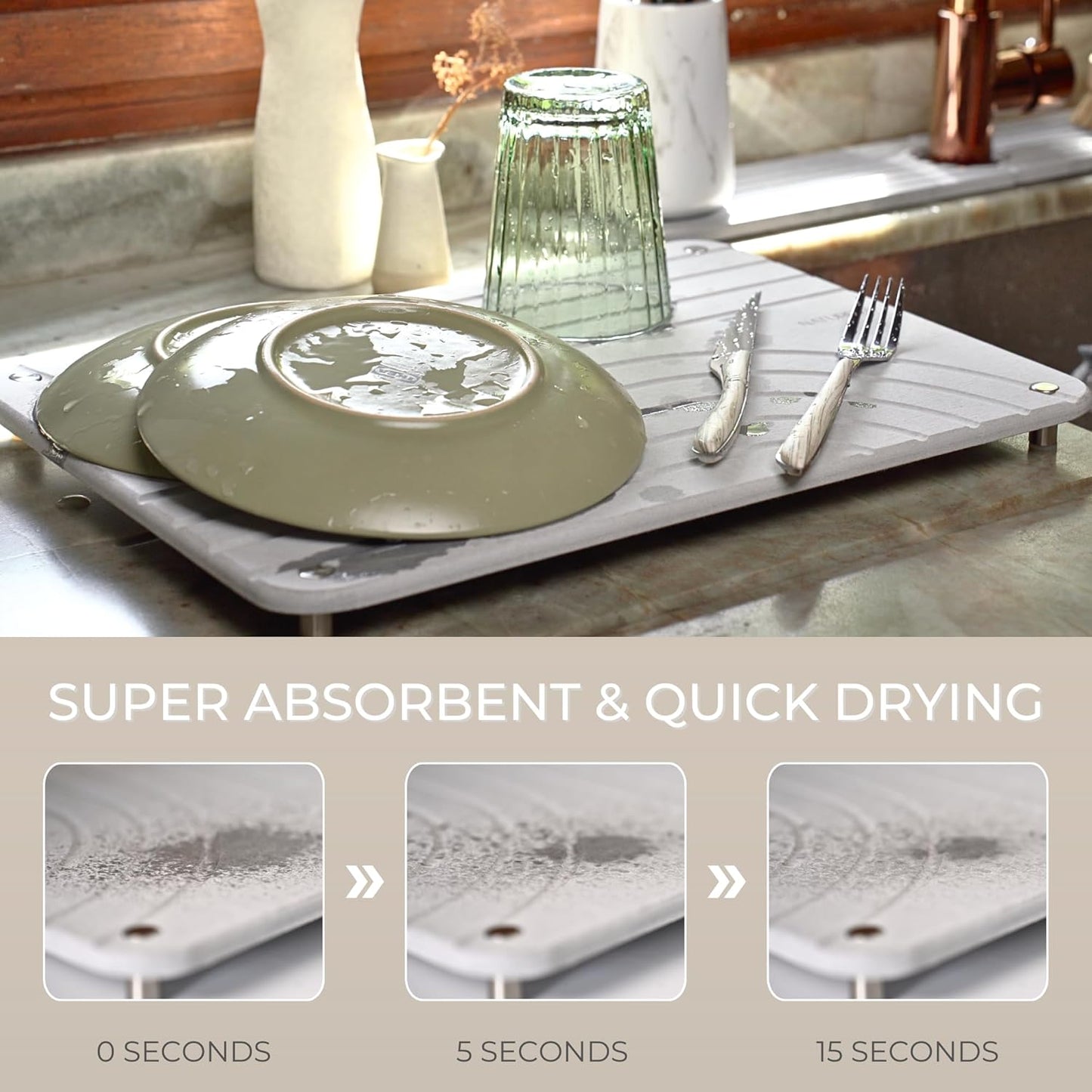 Natureva Home - Stone Dish Drying Mat | Super Absorbent, Quick Dry | Diatomite Mats for Kitchen Counter | Made of Natural Diatomaceous Earth | Absorbing Water Instantly | Design Tide | Colour Graphite