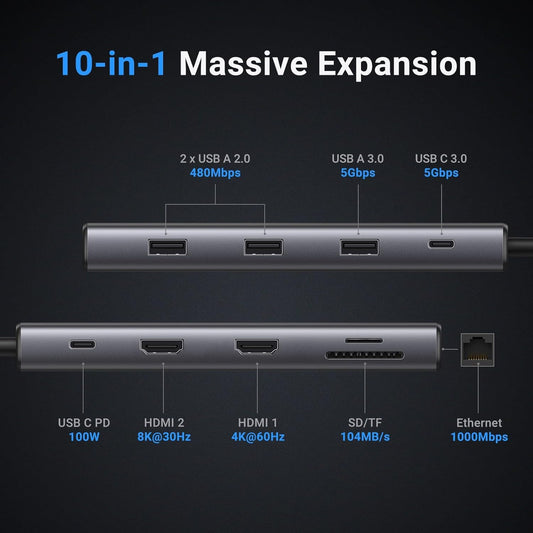 UGREEN Docking Station, Revodok Pro 210 USB C Hub (10 in 1) with Dual 4K@60Hz HDMI Single 8K@30Hz, 100W PD, 1Gbps Ethernet, 5Gbps USB, SD/TF, Network Hub USB C Dock for Thinkpad, HP, Dell Laptops - PuriLite