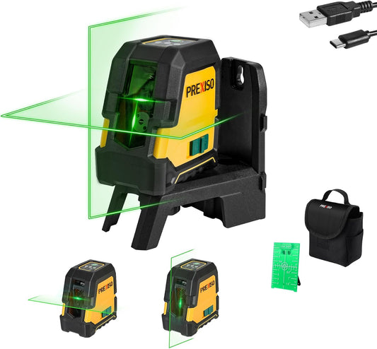PREXISO Laser Level Self Leveling, 100 Ft Rechargeable & Selectable Green Cross Line Laser Level for Construction, Floor Tile, Home Renovation with Magnetic Pivoting Base, Target Plate & Portable Bag