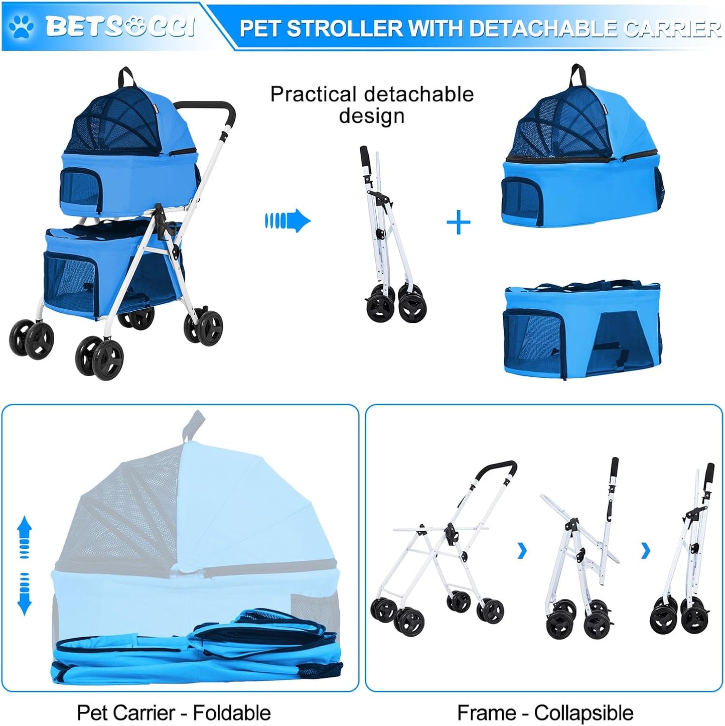 Double Pet Stroller with Detachable Carrier for Medium Small Dogs and Cats, Foldable 3-in-1 Cat Stroller with 4 Wheels Lightweight for 2 Dogs or Cats Light Blue