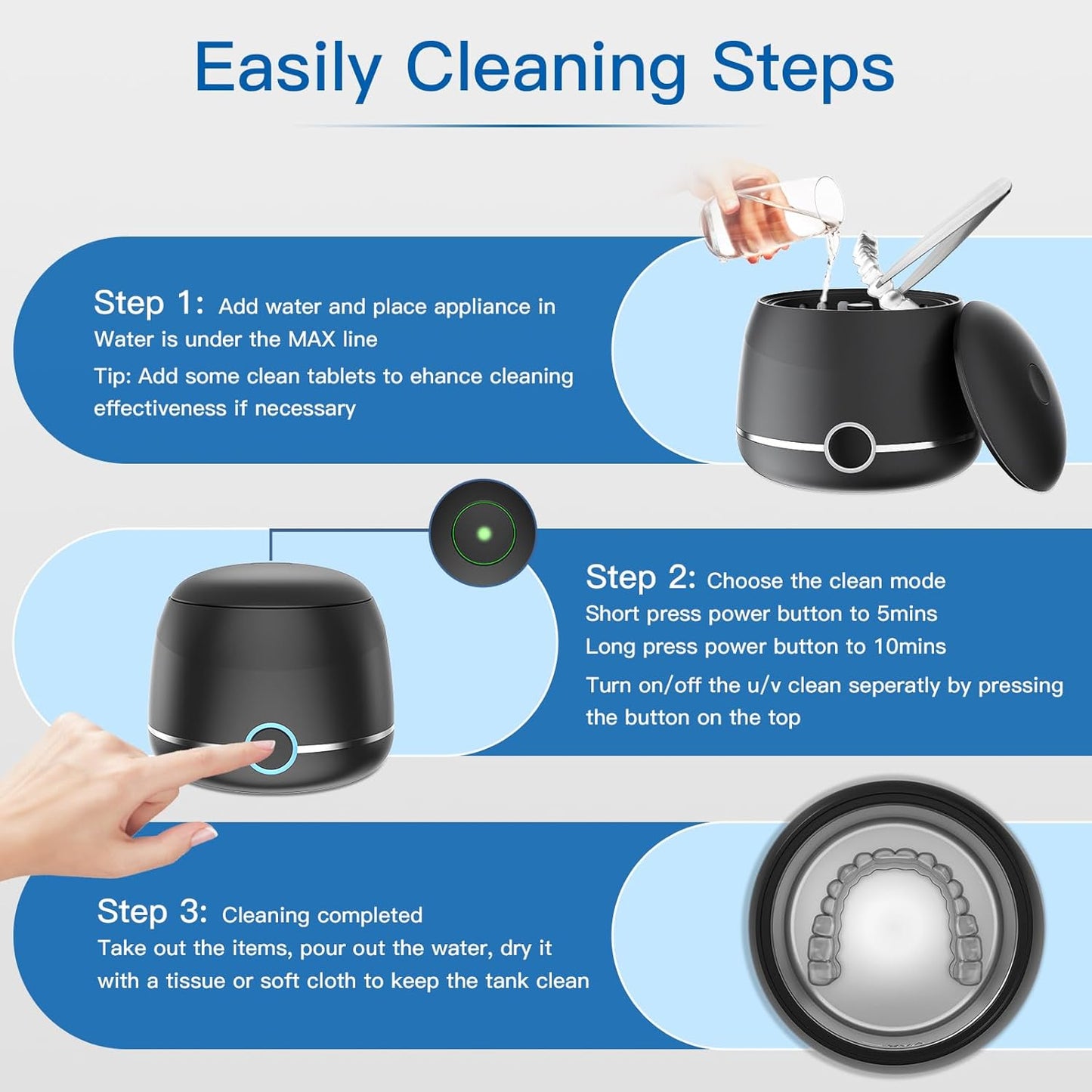 Midomi 45kHz Retainer Denture Cleaner Machine, Upgraded Jewelry Cleaner, 5min and 10min Timer with Rechargable Top Cover, 200ml Dental Cleaning Pod, MouthGuard Cleaner for Aligner NightGuard