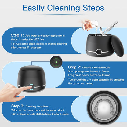 Midomi 45kHz Retainer Denture Cleaner Machine, Upgraded Jewelry Cleaner, 5min and 10min Timer with Rechargable Top Cover, 200ml Dental Cleaning Pod, MouthGuard Cleaner for Aligner NightGuard