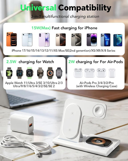 3 in 1 Foldable Charging Station for Apple Wireless Charger iPhone Charging Station for iPhone 18 Pro Max,Apple Watch 12 Charger Stand, Light Nightstand Charging Dock for iWatch/Airpods
