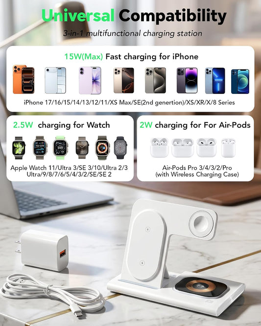 3 in 1 Foldable Charging Station for Apple Wireless Charger iPhone Charging Station for iPhone 18 Pro Max,Apple Watch 12 Charger Stand, Light Nightstand Charging Dock for iWatch/Airpods