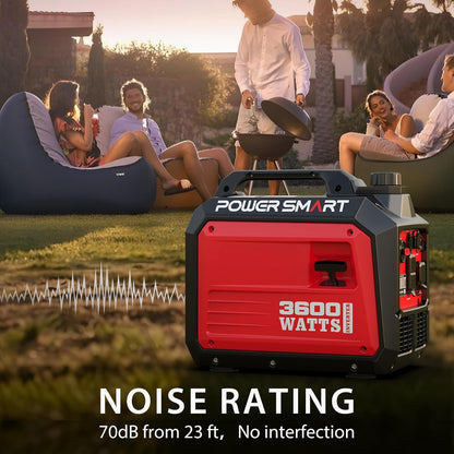 PowerSmart 3600W Portable Inverter Generator, Whisper Quiet Generator for Home Use, Camping, RV Ready, Gas Powered, Black & Red, Lightweight & Compact Design
