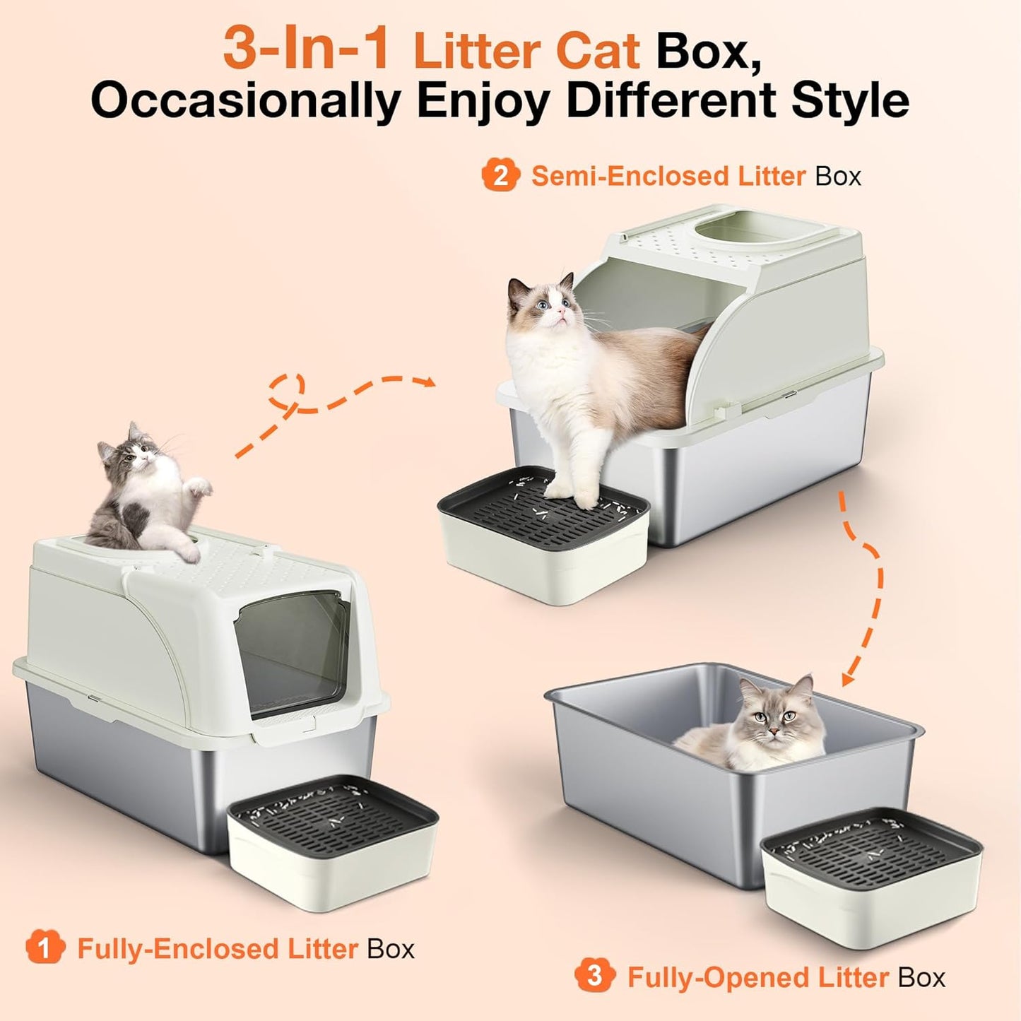 Stainless Steel Litter Box, XXL Large Metal Covered Litter Boxes, Dual Entrance Detachable Cat Litter Box with Lid, 16.6'' High Wall Urine Leak Prevention with Cat Litter Scoop (Gray)