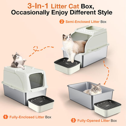 Stainless Steel Litter Box, XXL Large Metal Covered Litter Boxes, Dual Entrance Detachable Cat Litter Box with Lid, 16.6'' High Wall Urine Leak Prevention with Cat Litter Scoop (Gray)
