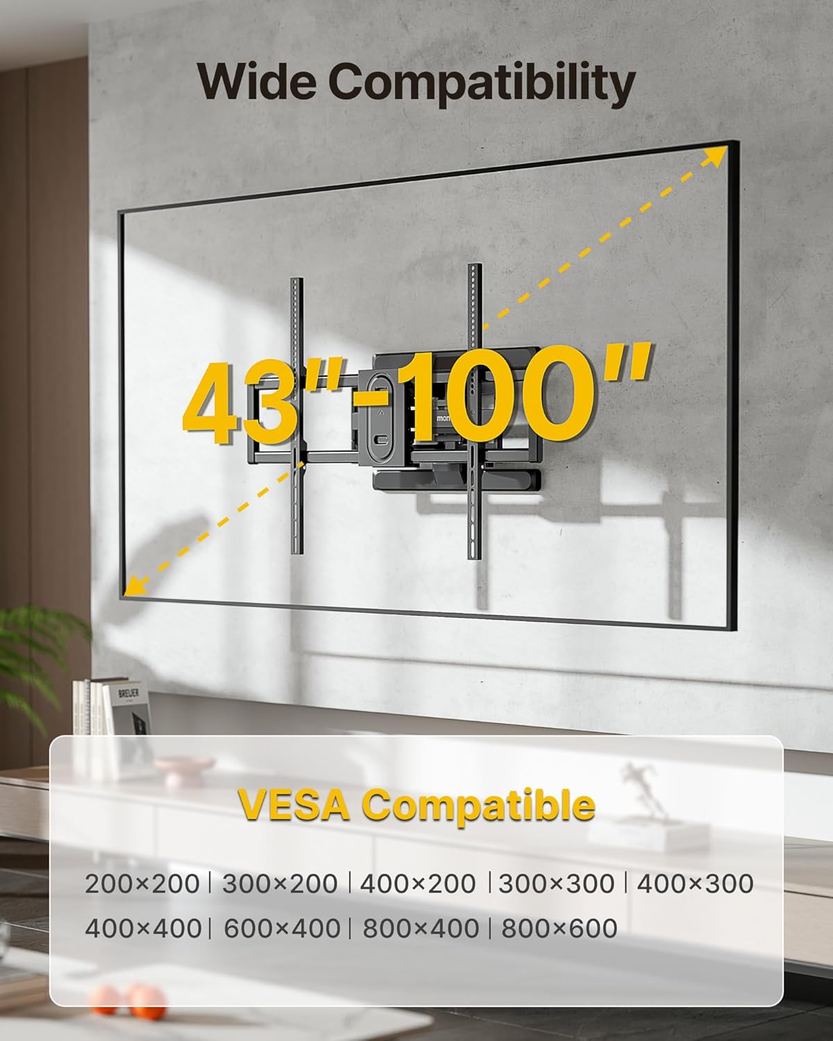 monTEK Heavy Duty TV Wall Mount for 43"–100" TVs, Pre-Assembled & 132lbs 4X Tested, Full Motion TV Mount with Tool-Free Tilt/Swivel/Extension, Max VESA 800x600, Fits 16"/18" Studs - PuriLite