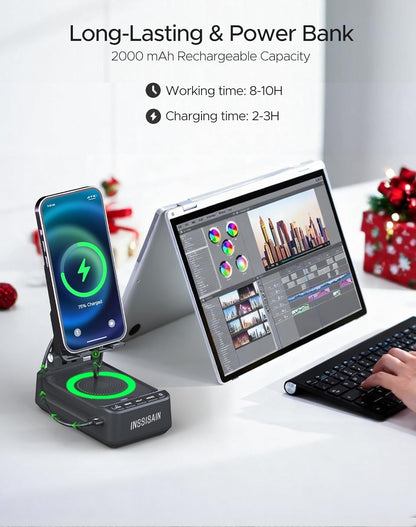 INSSISAIN Wireless Induction Bluetooth Speaker with Phone Stand – 5W Portable Stereo Speaker with RGB Lights, Bluetooth 5.3, Built-in Power Bank - PuriLite