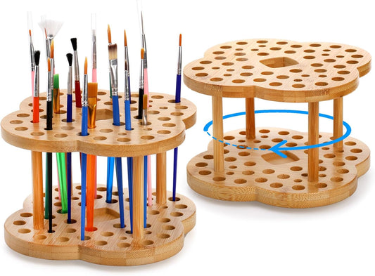 360 Degree Rotating Bamboo Paint Brush Organizer Set, Large Capacity Art Supply Holder with 53 Holes, Tabletop Brush Display and Drying Stand (2 Pack)