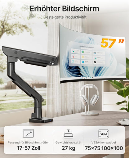 monTEK Premium Aluminum Monitor Arm for 17–57” Ultrawide Screens up to 59 lbs, USB 3.0 Single Desk Mount with Adjustable Gas Spring, Quick-Release Plate, 10-Min Assembly, Clamp/Grommet, VESA 100x100
