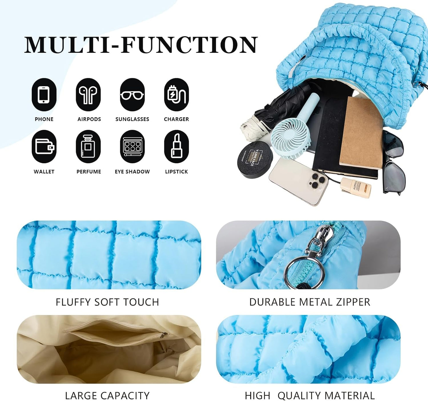 Quilted Puffer Tote Bag Large Crossbody Shoulder Bag with Zipper, Nylon Hobo Oversized Handbag