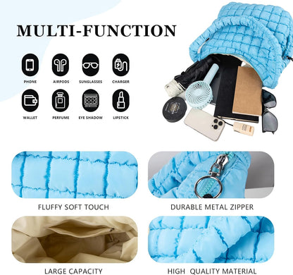 Quilted Puffer Tote Bag Large Crossbody Shoulder Bag with Zipper, Nylon Hobo Oversized Handbag