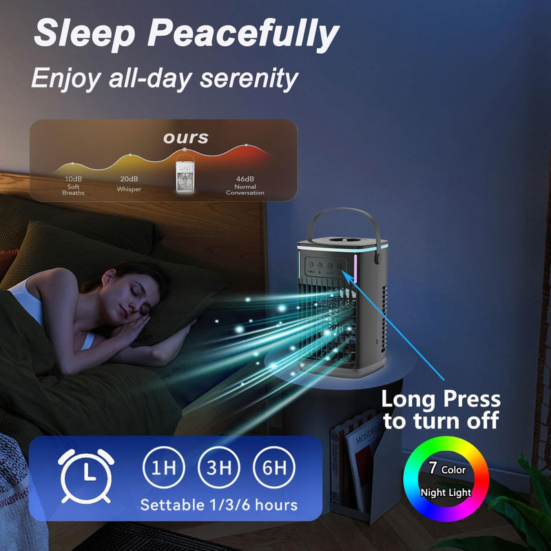 Portable Air Conditioners Fan with Remote, 4-in-1 Portable AC with 1500ml Water Tank, 3 Wind Speeds, 6H Timer, 2 Cool Mist, 7 Lights, Personal Mini Air Conditioner for Room Bedroom Office (Black)
