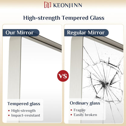 Keonjinn 42 x 36 Brushed Nickel Bathroom Vanity Mirror, Large Rounded Rectangle Bathroom Mirrors for over Sink, Metal Framed Silver Mirror for Wall, Shatterproof HD Tempered Glass(Horizontal/Vertical)