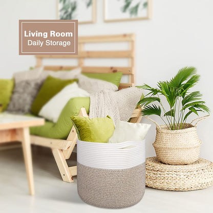Large Cotton Rope Woven Basket 15.8x13.8in – Round Storage Bin for Laundry, Toys, Blankets, and Home Decor – White & Brown Modern Organizer Basket - PuriLite