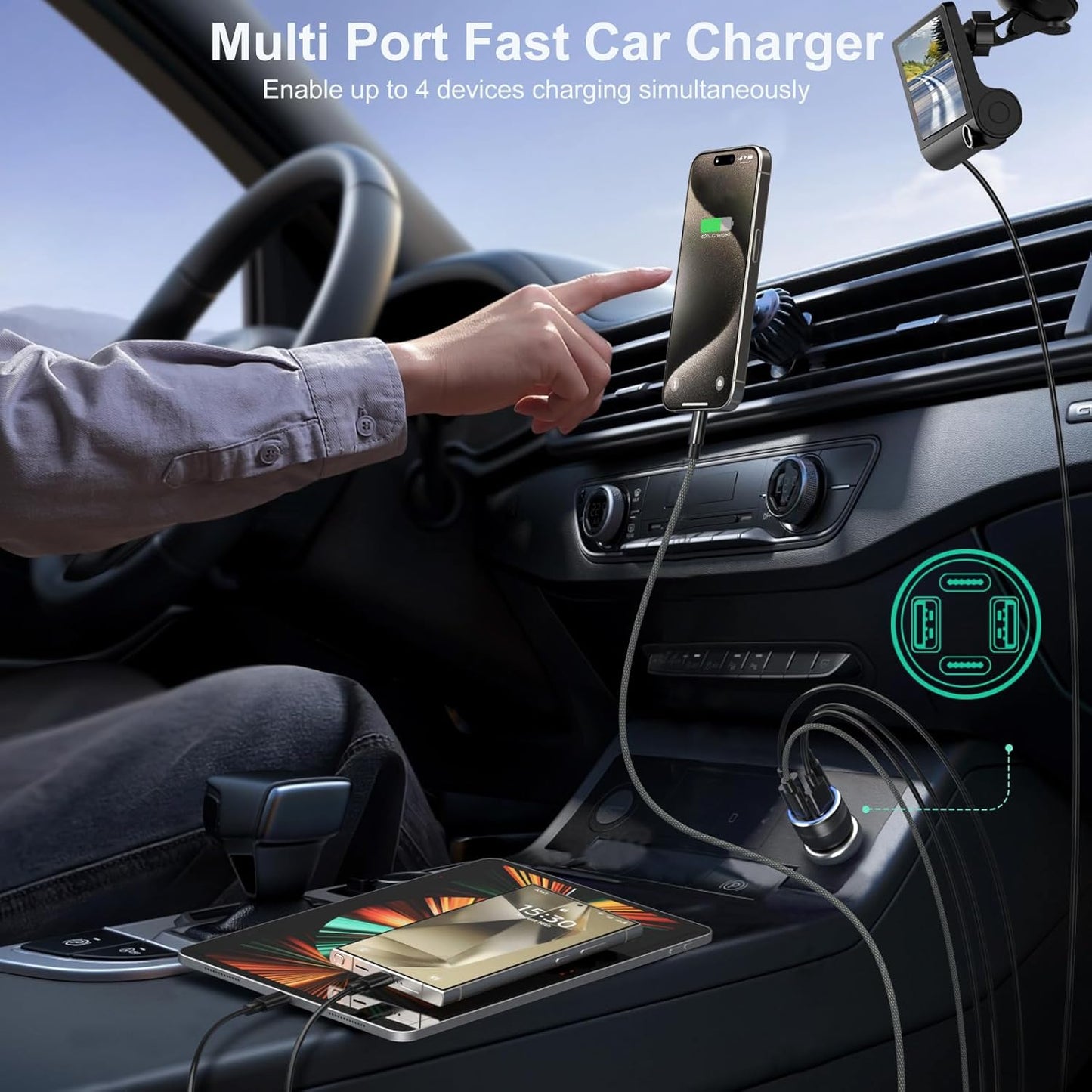 USB C Car Charger 65W, Bangfun 4-Port Dual USB C & USB A Car Charger QC/PD 3.0 Fast Charge Cigarette Lighter Adapter for iPhone 17/16/15/14/13/12/11, Samsung S24/S23/S22 Google Android Phone(Black)