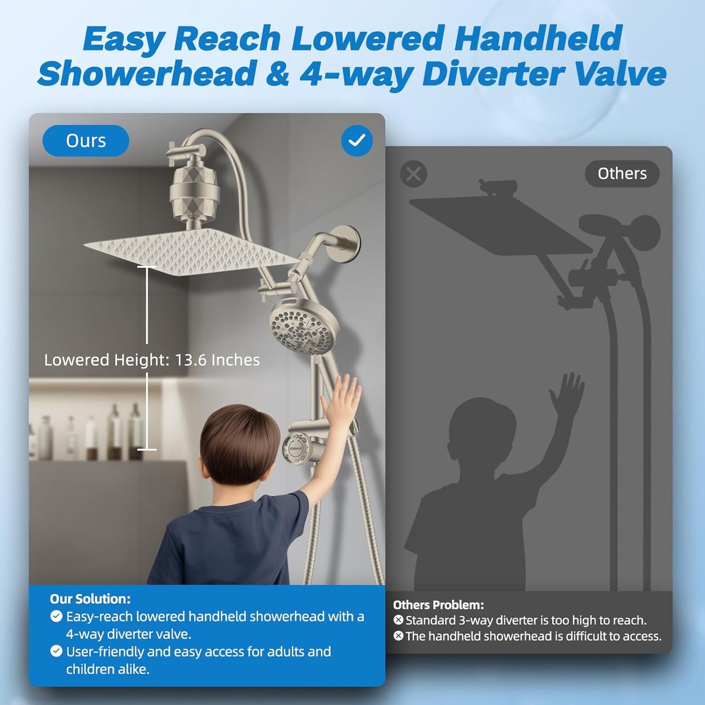 Hibbent Upgraded All Metal 10"Rainfall Showerhead Combo, High Pressure Shower Head with 10-Spray Mode Handheld, Innovative 4-way Diverter with Pause Mode, 71'' Shower Hose and Handheld Holder, Chrome