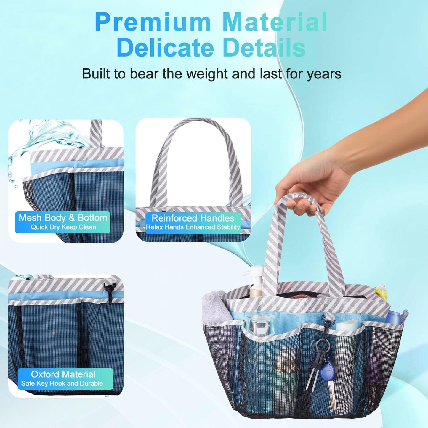 Mesh Shower Caddy Tote, Large College Dorm Bathroom Caddy Organizer with Key Hook and 2 Oxford Handles, Quick Hold, 8 Basket Pockets for Camp Gym