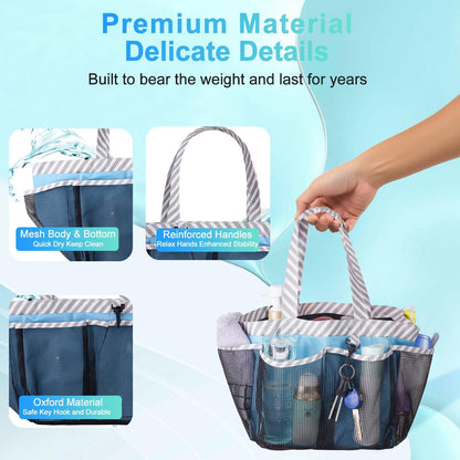 Mesh Shower Caddy Tote, Large College Dorm Bathroom Caddy Organizer with Key Hook and 2 Oxford Handles, Quick Hold, 8 Basket Pockets for Camp Gym