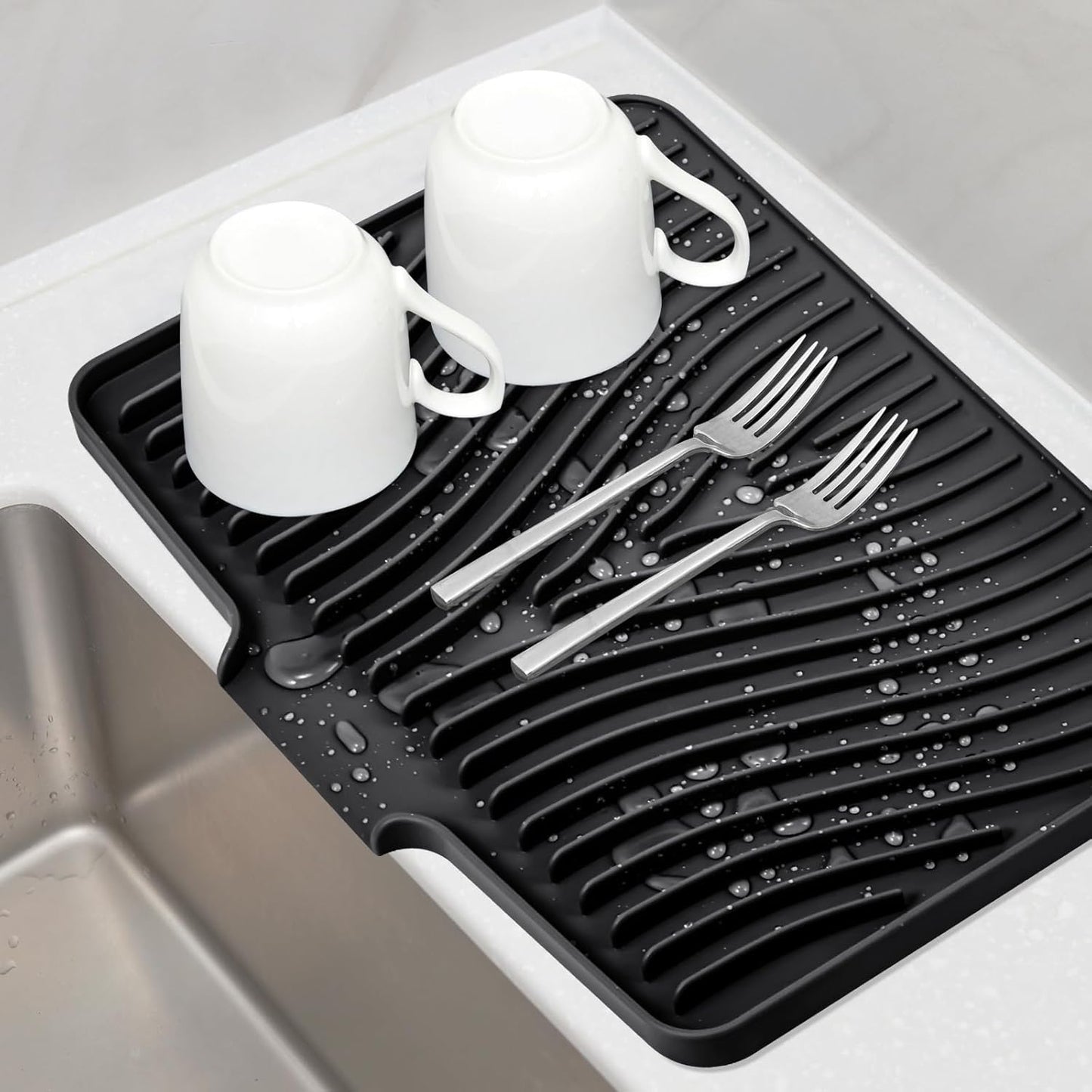 TIKNIK Silicone Dish Drying Mat for Kitchen Counter, Dish Drying Pad, Non-Slip Drain Pad with Built-in Drain, Heat Resistant Stone Drying Mat(40 L x 33 W cm, Grey)