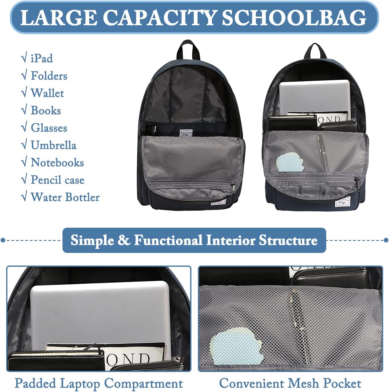 School Backpack, Kasqo 15.6 Inch Classic Lightweight Water-Resistant Backpack for Men Women Teens Girls Boys Kids to School, College, Travel, Work, Black