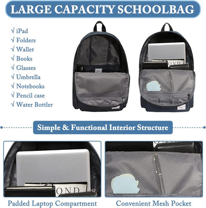 School Backpack, Kasqo 15.6 Inch Classic Lightweight Water-Resistant Backpack for Men Women Teens Girls Boys Kids to School, College, Travel, Work, Black