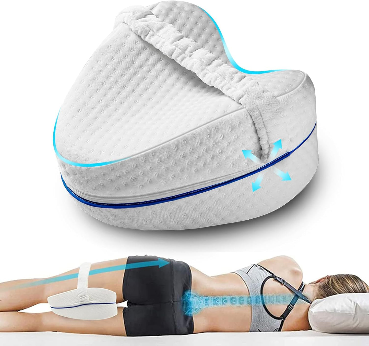 Memory Foam Knee Pillow for Side Sleepers, Ergonomic Leg Pillow for Back and Knee Pain Relief, Removable Washable Cover - PuriLite