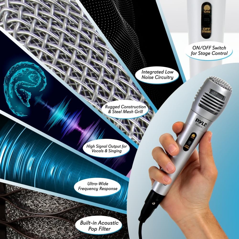 Pyle Professional Dynamic Vocal Microphone - Moving Coil Dynamic Cardioid Unidirectional Handheld Microphone with ON/OFF Switch Includes 15ft XLR Audio Cable to 1/4'' Audio Connection - PDMIC59
