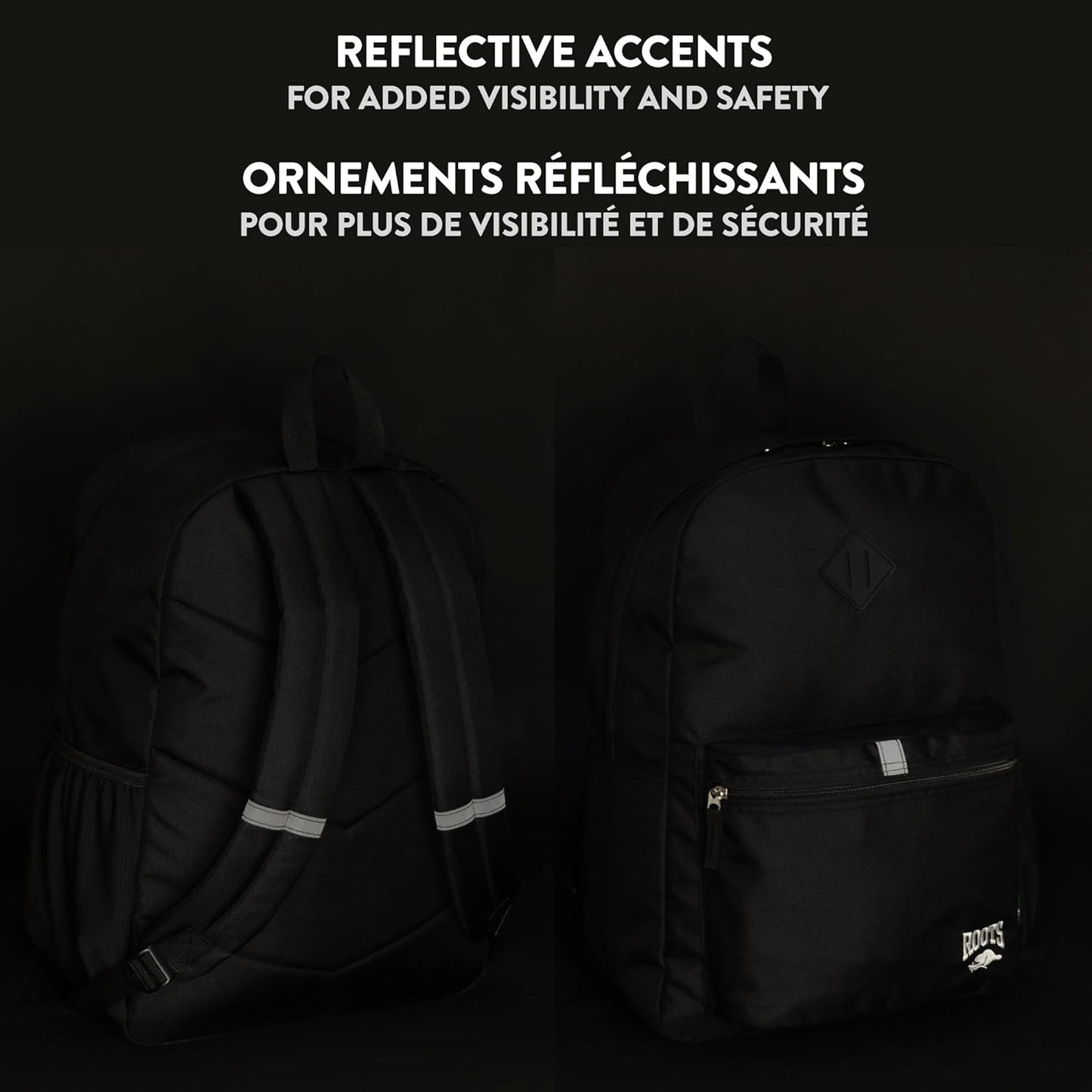 Roots Teen Lightweight Backpack — Made from Recycled Polyester with 15.6" Laptop Compartment, Rain Flap, Bottle Pocket, Reflective Accent, and Back Padding — 34L, Black