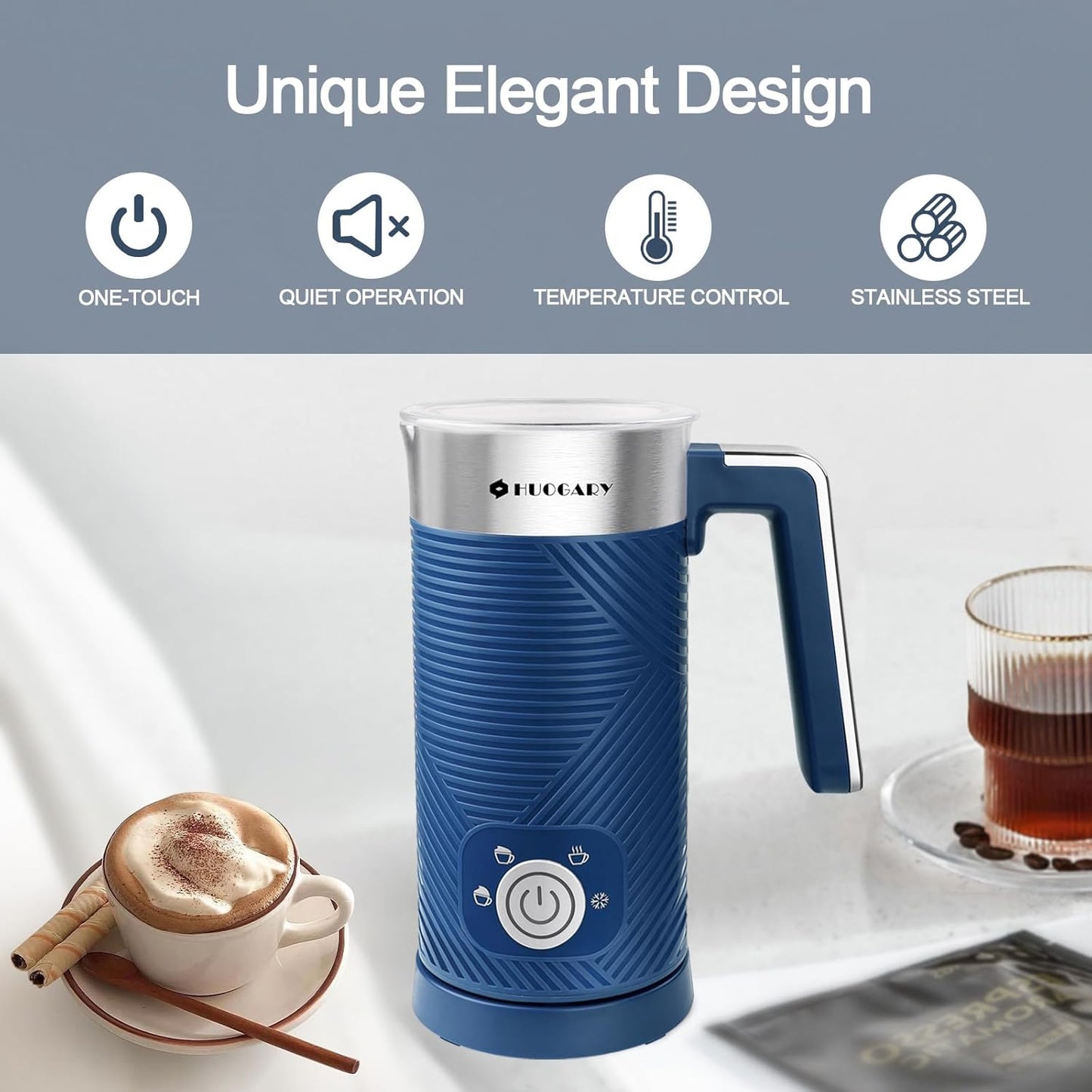 Huogary Electric Milk Frother, 4 in 1 Stainless Steel Milk Steamer, Milk Frother and Steamer for Coffee Milk Warmer for Latte, Cappuccinos, Macchiato