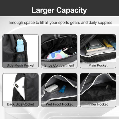 Hoedia Sports Drawstring Backpack - String Swim Gym Bag with Shoes Compartment and Wet Proof Pocket for Women/Men
