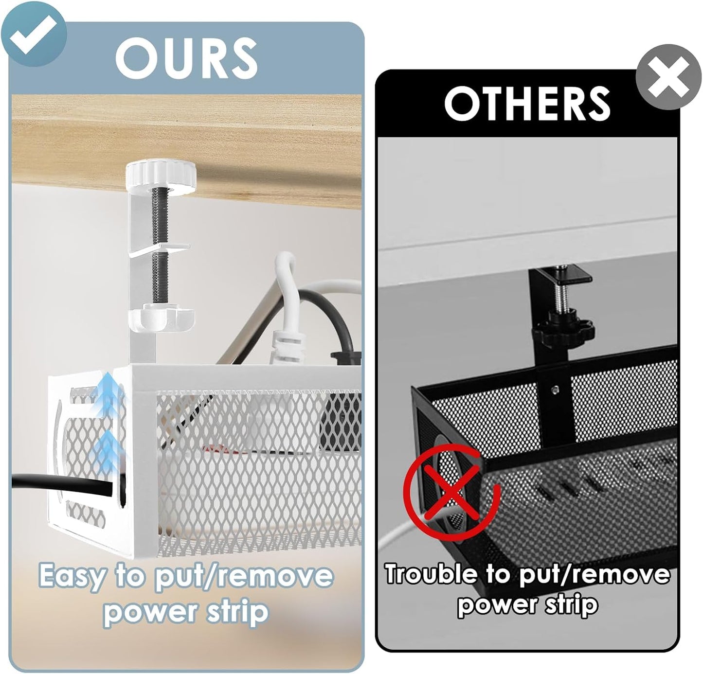 Cable Management, 64CM Cable Management Under Desk No Drill, Metal Cord Organizer with Clamp for Standing Desk, Cable Organizer for Home Office, White