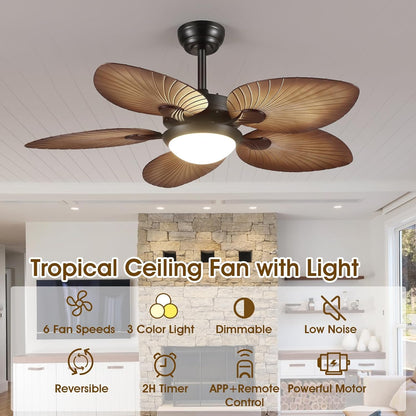 Wiviniya Ceiling Fans with Lights and Remote/APP Control, 44 Inch Tropical Palm Leaf Ceiling Fan with LED Lights, Outdoor Ceiling Fans for Patios Porch, Reversible Quiet Motor, Dimmable, Light Brown