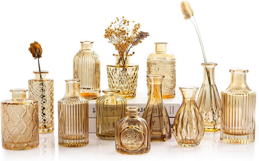 TBWIND Gold Amber Glass Bud Vases Set of 12, Small Vases for Flowers, Champagne Mini Vintage Vases for Centerpieces,Bud Vase in Bulk for Wedding Decor,Single Flowers,Office and Home Table Flower Décor