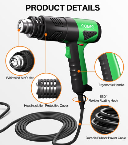 Heat Gun, 1800W Variable Temperature Hot Air Gun with 4 Nozzles | 122°F–1202°F Variable Temperature Control, 4 Metal Nozzles, Retractable Heat Shield, Overheat Protection, PA66 Housing