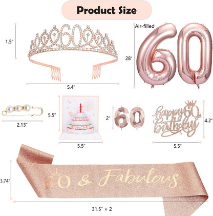 8pcs 40th Birthday Decorations gifts for Women, Including 40th Happy Birthday Cake Topper, Queen Sash with Pearl Pin, Sweet Rhinestone Tiara Crown for Women, Number Candles and Balloons (Rose Gold)