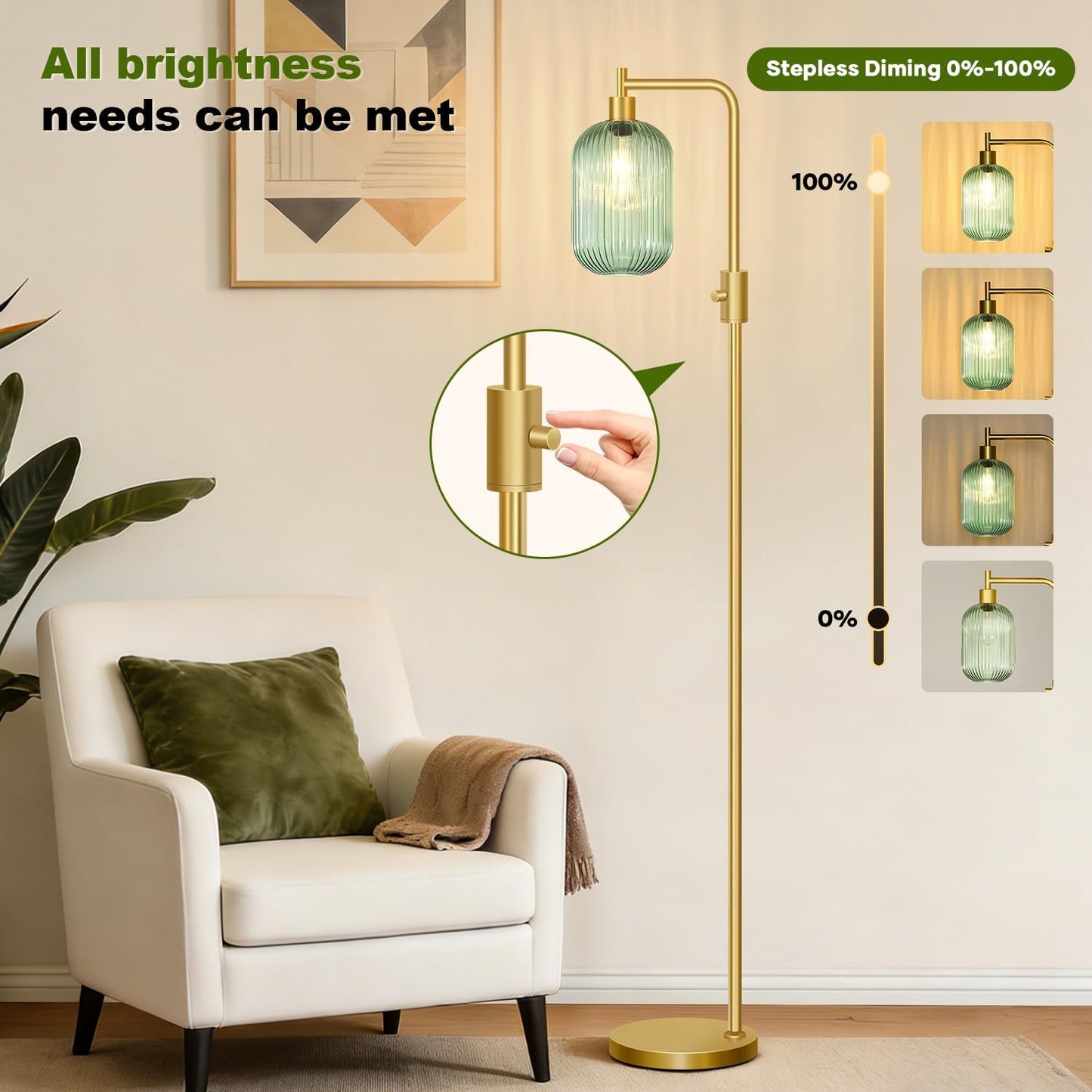 Upgraded】 Dimmable Floor Lamp for Living Room with Green Ribbed Glass Lampshade, Gold Modern Floor Lamp with 900LM LED Bulb Included, Arc Standing Tall Lamp for Bedroom, Office, Reading Room, Corner