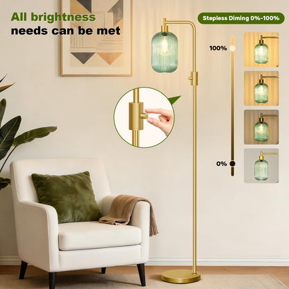 Upgraded】 Dimmable Floor Lamp for Living Room with Green Ribbed Glass Lampshade, Gold Modern Floor Lamp with 900LM LED Bulb Included, Arc Standing Tall Lamp for Bedroom, Office, Reading Room, Corner