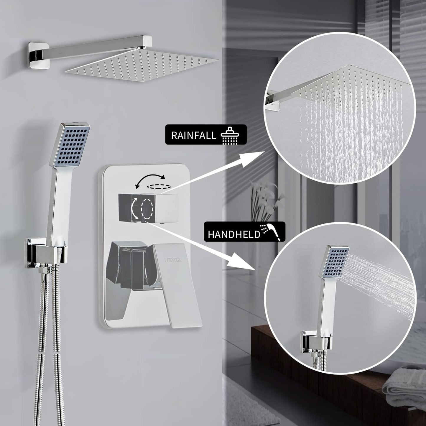 LCEVCGK Shower Faucet Set Complete Matte Black Shower System with 8 inch Square Rainfall Shower Head 3-Function Handheld Shower Waterfall Bathtub Spout Rain Shower Combo Set Bathroom Wall Mounted