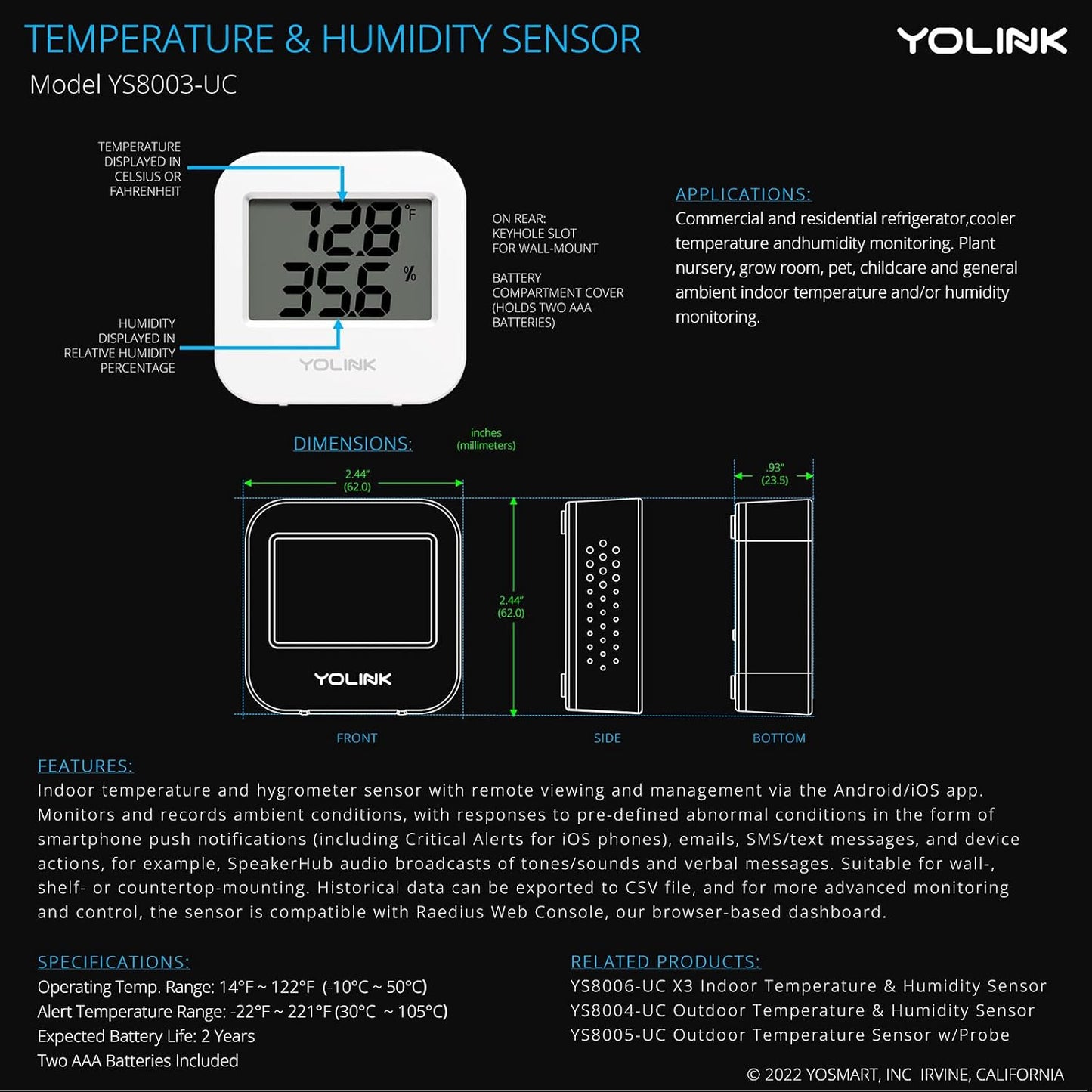 Smart Temperature Humidity Sensor Works w/ Alexa IFTTT, 1/4 Mile Super Long Range Wireless Digital Hygrometer Indoor Thermometer Humidity Meter Temperature Humidity Monitor Sensor -YoLink Hub Required