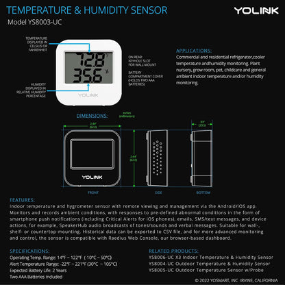 Smart Temperature Humidity Sensor Works w/ Alexa IFTTT, 1/4 Mile Super Long Range Wireless Digital Hygrometer Indoor Thermometer Humidity Meter Temperature Humidity Monitor Sensor -YoLink Hub Required