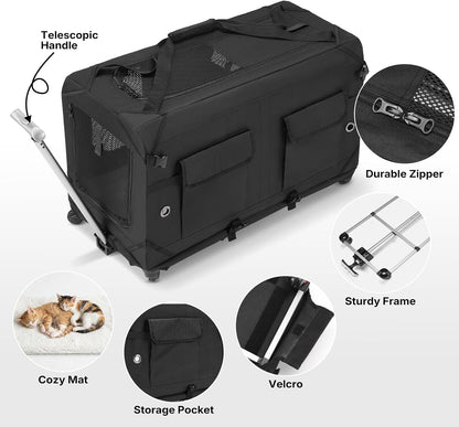 Veehoo Large Pet Carrier with Wheels for 2 Cats, Extra Long 76cm Foldable | Soft-Sided Rolling Cat Carrier for 2 Small Dogs, Removable Divider, Telescopic Handle, 76× 38× 51 cm, Black